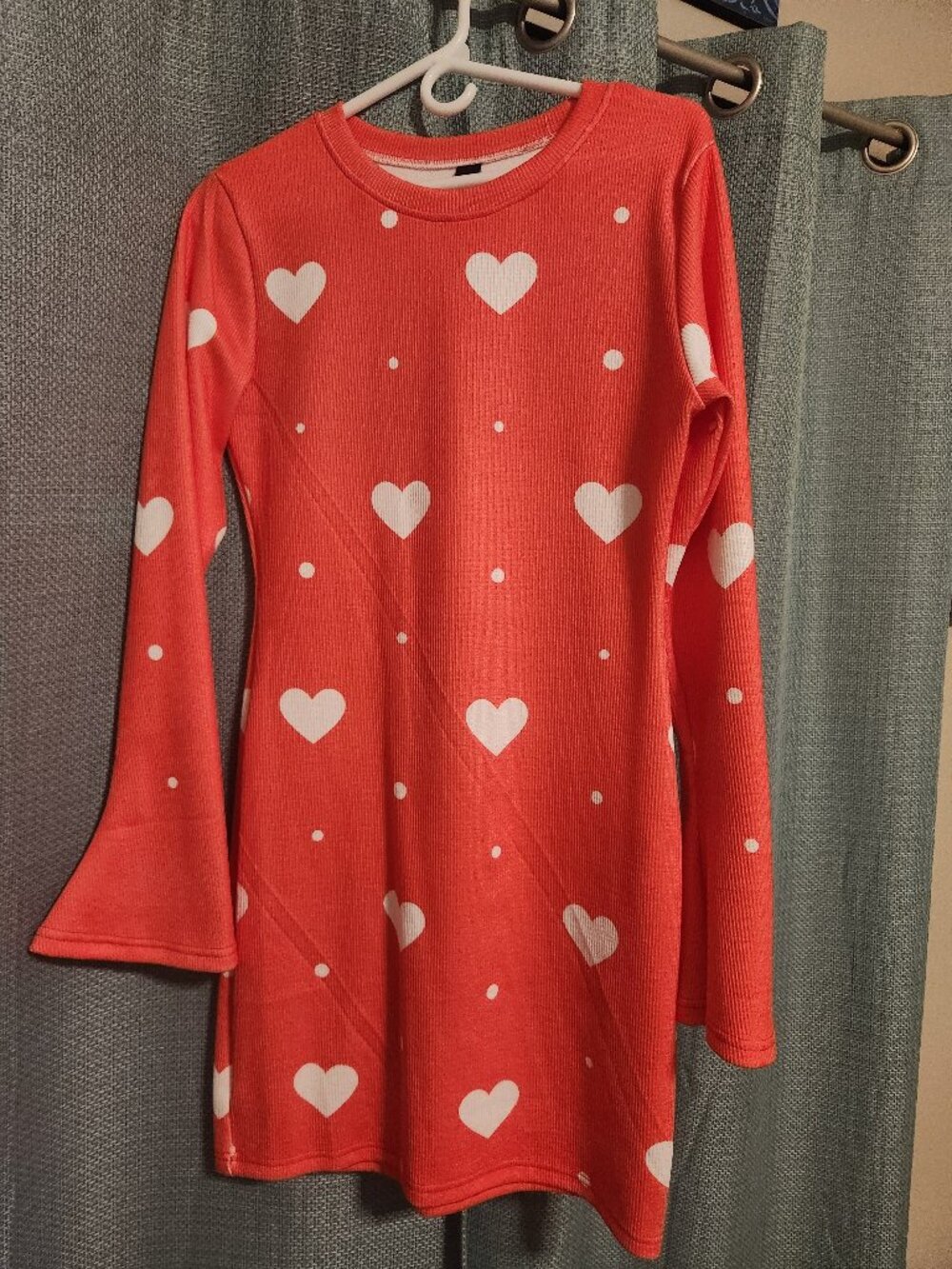 Red sweater dress with white heart pattern and flared sleeves- XL